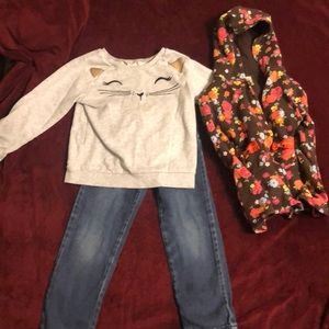 Cat sweater, jeans and flower hoodie - 3 pieces